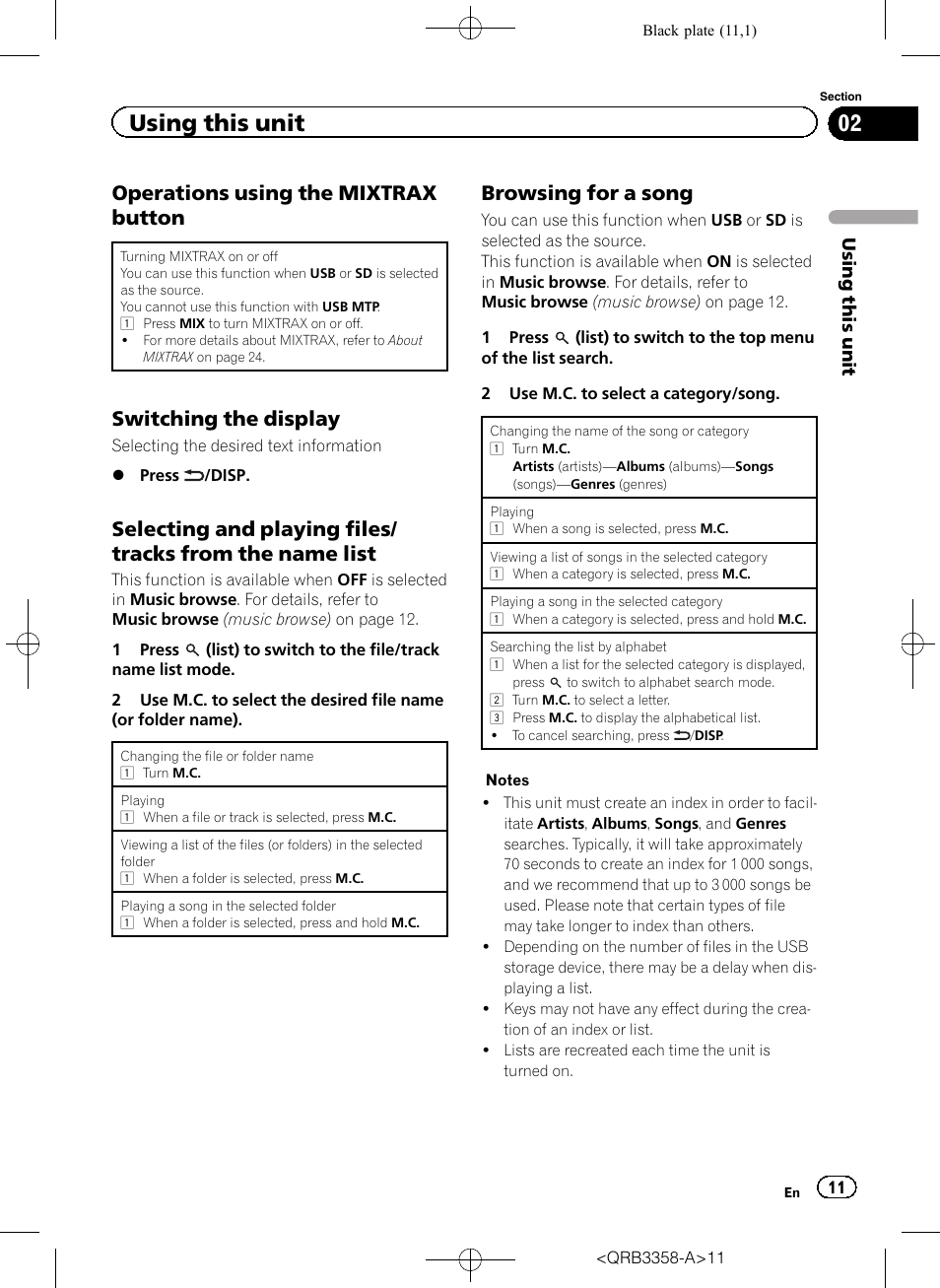 Using this unit, Operations using the mixtrax button, Switching the display | Browsing for a song | Pioneer DEH-X8600BT User Manual | Page 11 / 40