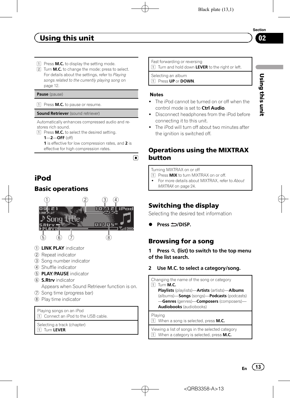 Ipod, Using this unit, Operations using the mixtrax button | Switching the display, Browsing for a song | Pioneer DEH-X8600BT User Manual | Page 13 / 40