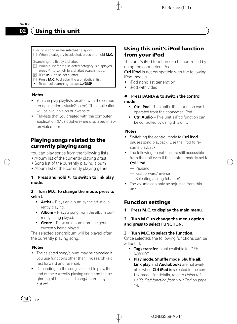 02 using this unit, Using this unit ’ s ipod function from your ipod, Function settings | Pioneer DEH-X8600BT User Manual | Page 14 / 40