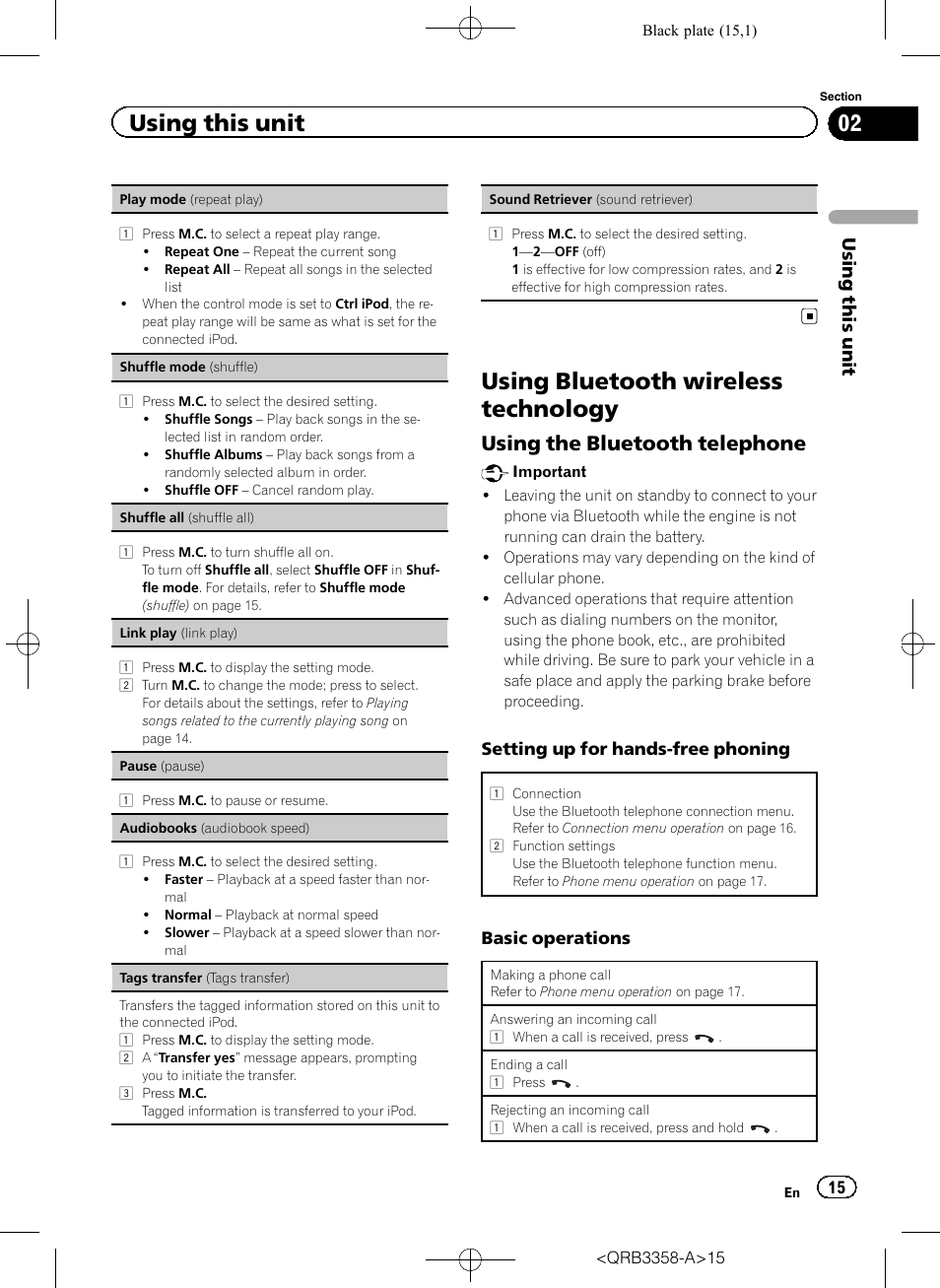 Using bluetooth wireless technology, Using the bluetooth telephone, Using this unit | Pioneer DEH-X8600BT User Manual | Page 15 / 40