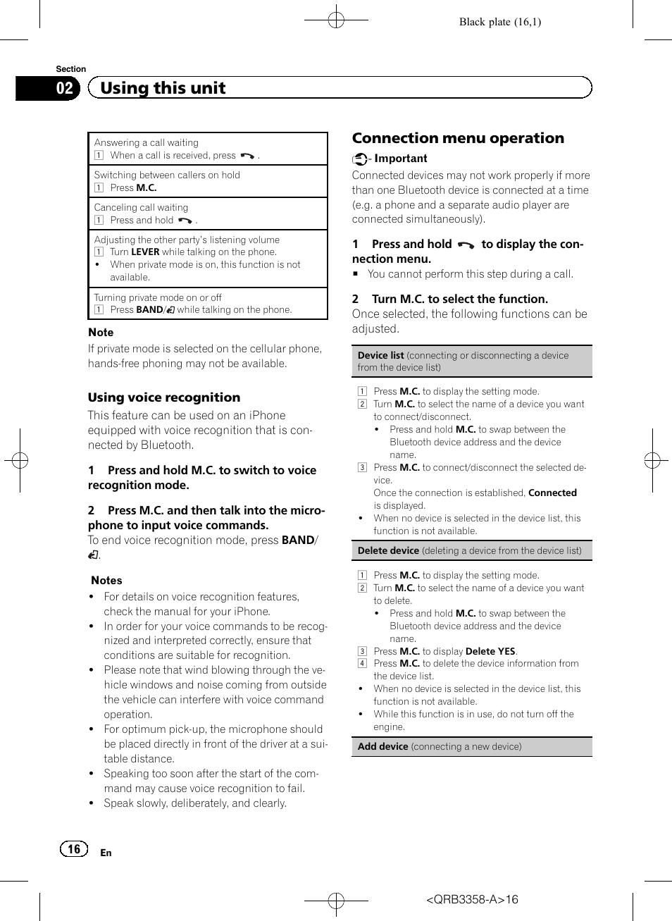 02 using this unit, Connection menu operation | Pioneer DEH-X8600BT User Manual | Page 16 / 40