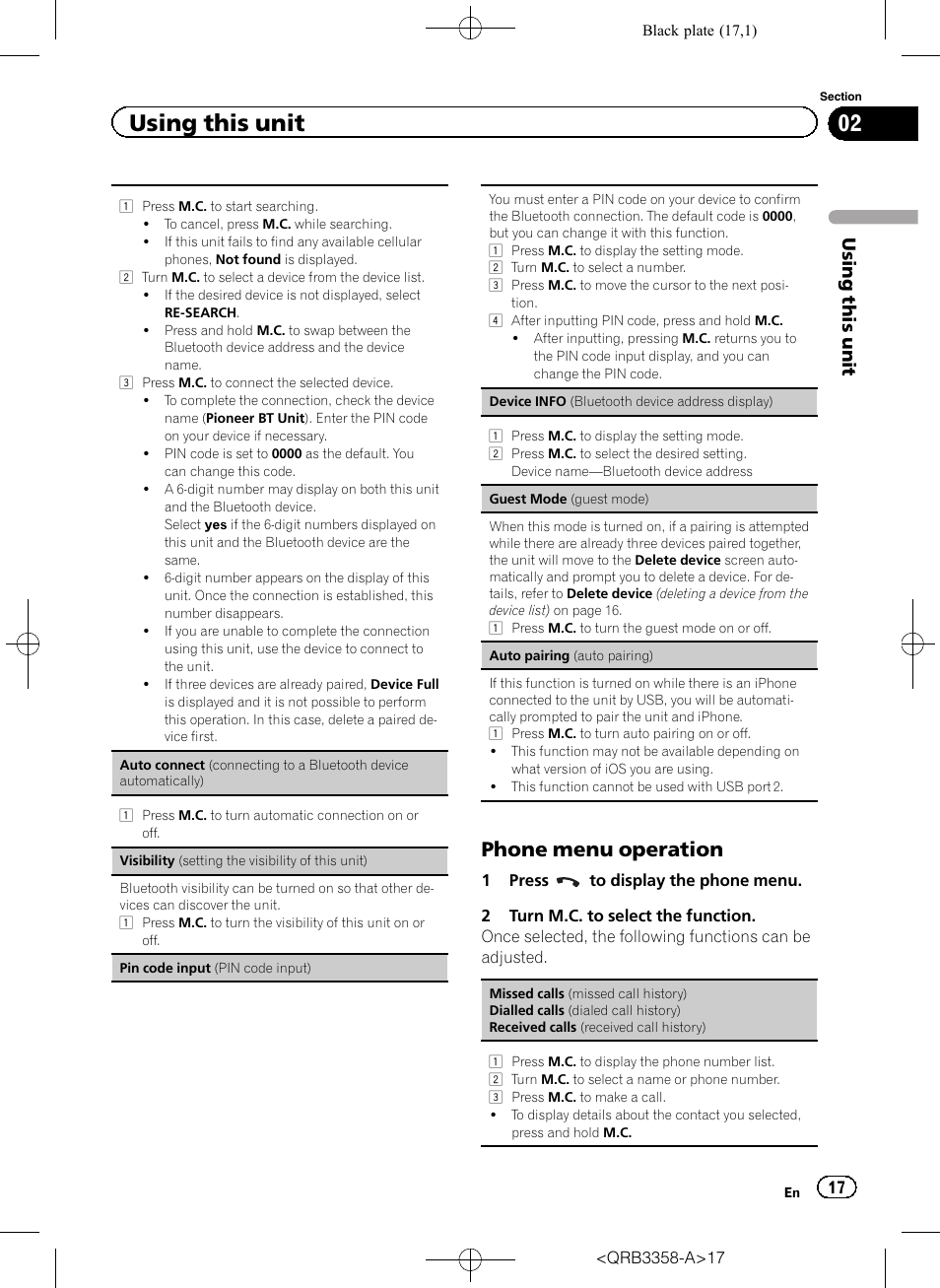 Phone menu operation, Using this unit | Pioneer DEH-X8600BT User Manual | Page 17 / 40