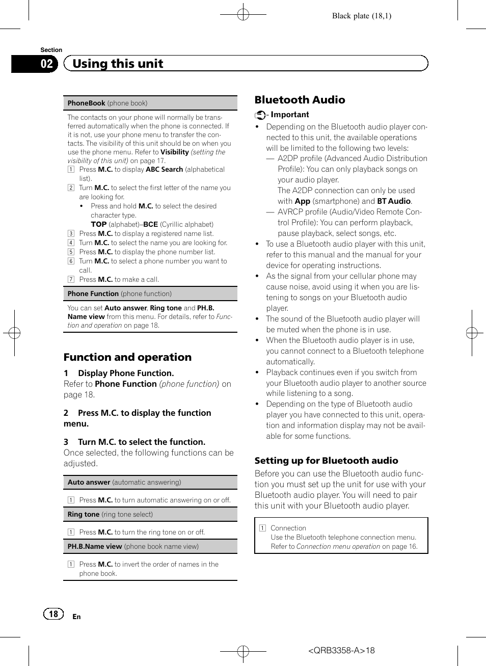 02 using this unit, Function and operation, Bluetooth audio | Pioneer DEH-X8600BT User Manual | Page 18 / 40