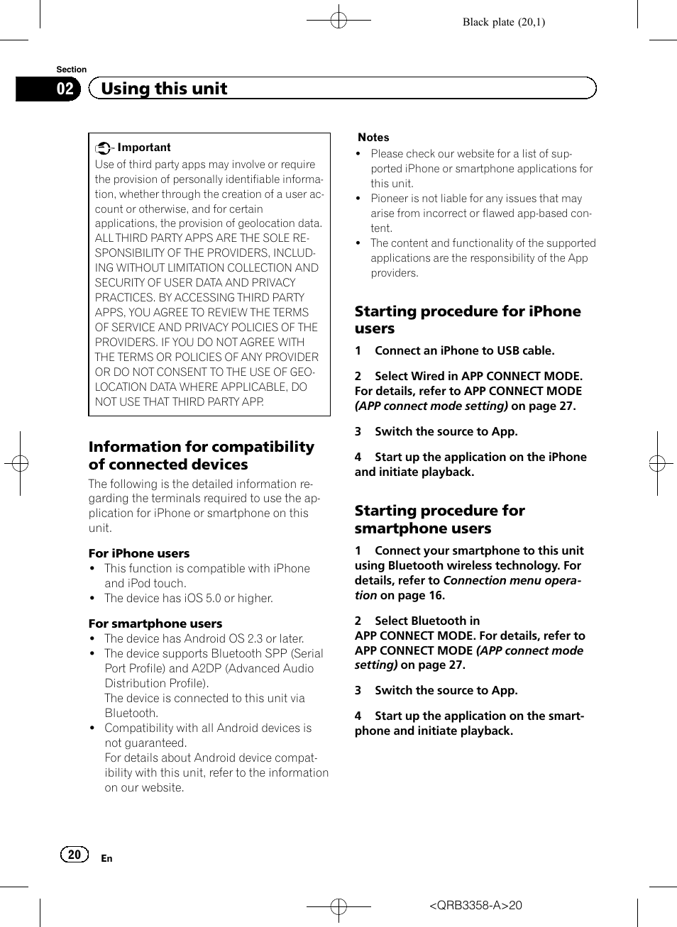 02 using this unit, Information for compatibility of connected devices, Starting procedure for iphone users | Starting procedure for smartphone users | Pioneer DEH-X8600BT User Manual | Page 20 / 40