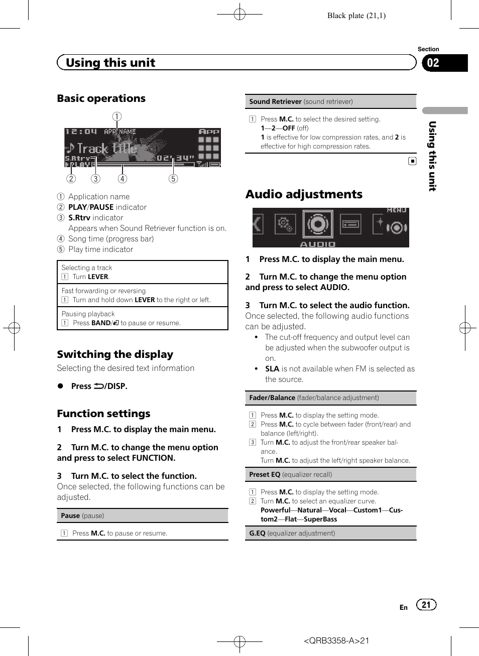 Audio adjustments, Using this unit, Switching the display | Function settings | Pioneer DEH-X8600BT User Manual | Page 21 / 40