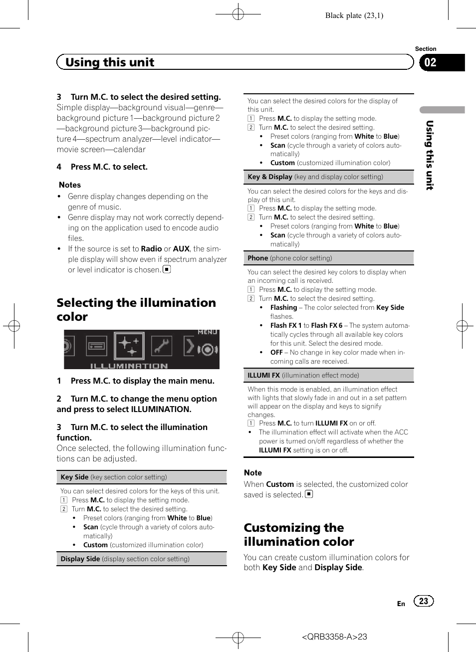 Selecting the illumination color, Customizing the illumination color, Using this unit | Pioneer DEH-X8600BT User Manual | Page 23 / 40
