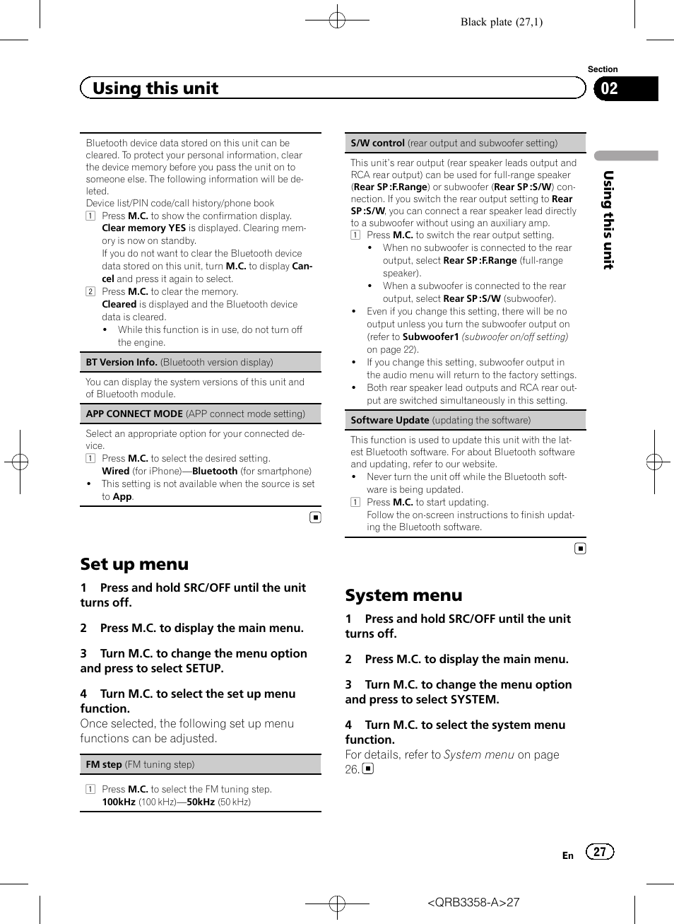 Set up menu, System menu, Using this unit | Pioneer DEH-X8600BT User Manual | Page 27 / 40
