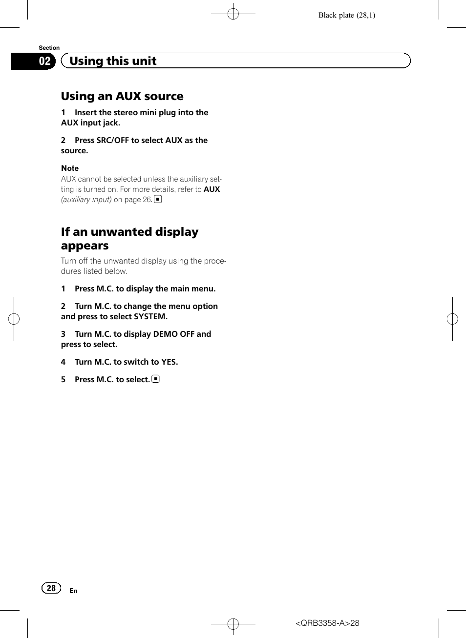 Using an aux source, If an unwanted display appears, 02 using this unit | Pioneer DEH-X8600BT User Manual | Page 28 / 40
