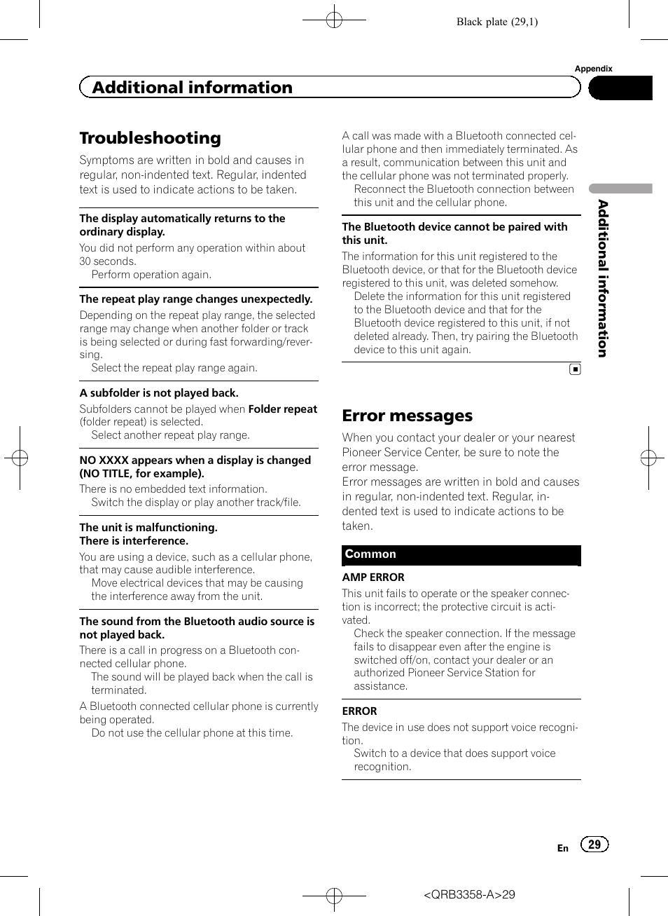 Additional information troubleshooting, Error messages, Troubleshooting | Additional information | Pioneer DEH-X8600BT User Manual | Page 29 / 40