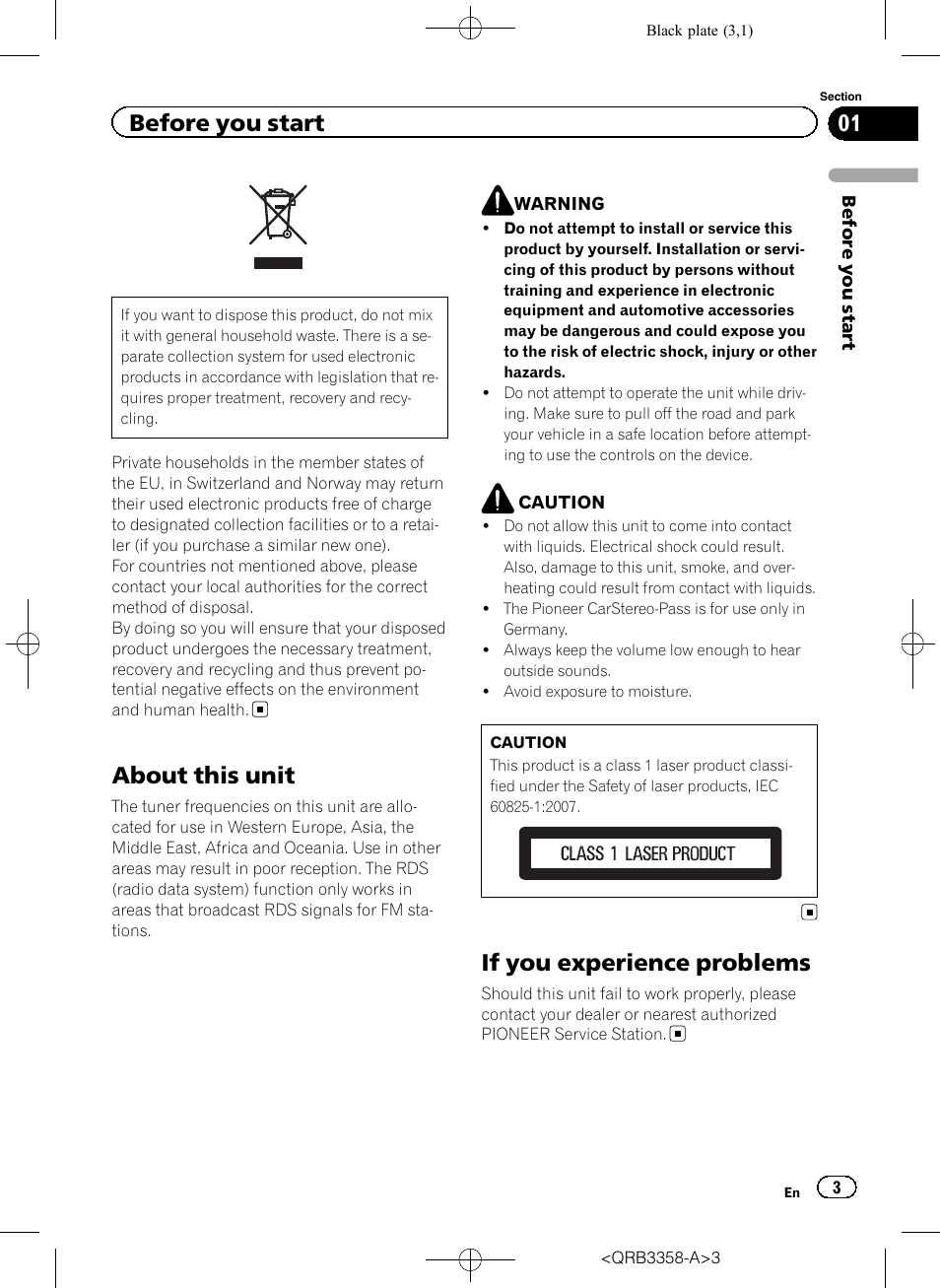 Before you start, About this unit, If you experience problems | Pioneer DEH-X8600BT User Manual | Page 3 / 40