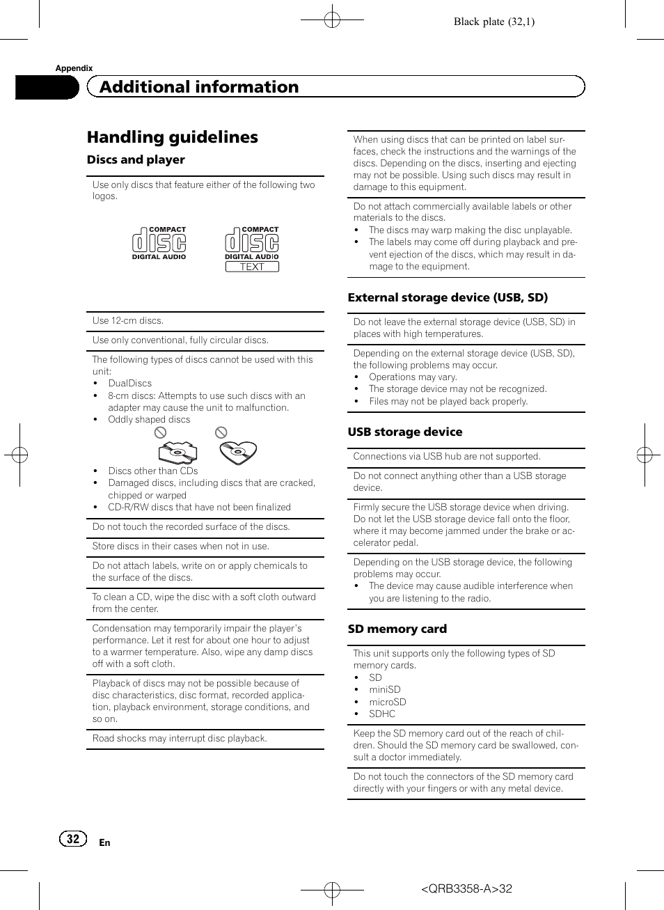 Handling guidelines, Additional information | Pioneer DEH-X8600BT User Manual | Page 32 / 40