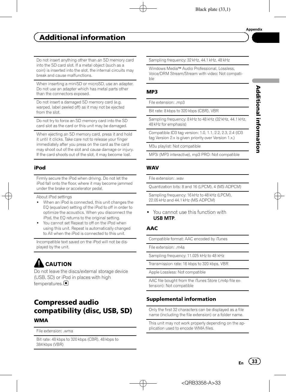Compressed audio compatibility (disc, usb, Compressed audio compatibility (disc, usb, sd), Additional information | Pioneer DEH-X8600BT User Manual | Page 33 / 40