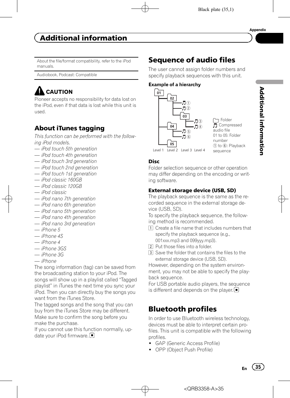 Sequence of audio files, Bluetooth profiles, Additional information | About itunes tagging | Pioneer DEH-X8600BT User Manual | Page 35 / 40