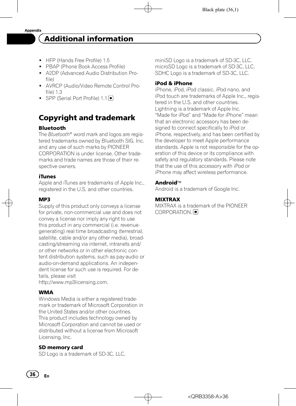 Copyright and trademark, Additional information | Pioneer DEH-X8600BT User Manual | Page 36 / 40