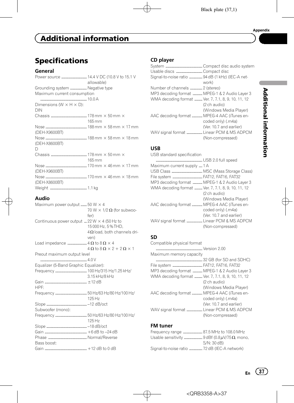 Specifications, Additional information | Pioneer DEH-X8600BT User Manual | Page 37 / 40