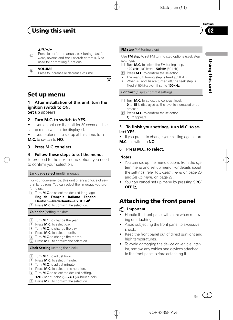 Set up menu, Attaching the front panel, Using this unit | Pioneer DEH-X8600BT User Manual | Page 5 / 40