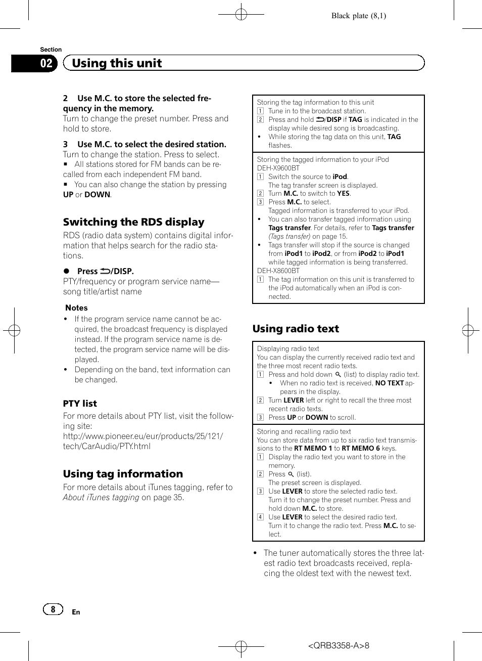 02 using this unit, Switching the rds display, Using tag information | Using radio text | Pioneer DEH-X8600BT User Manual | Page 8 / 40