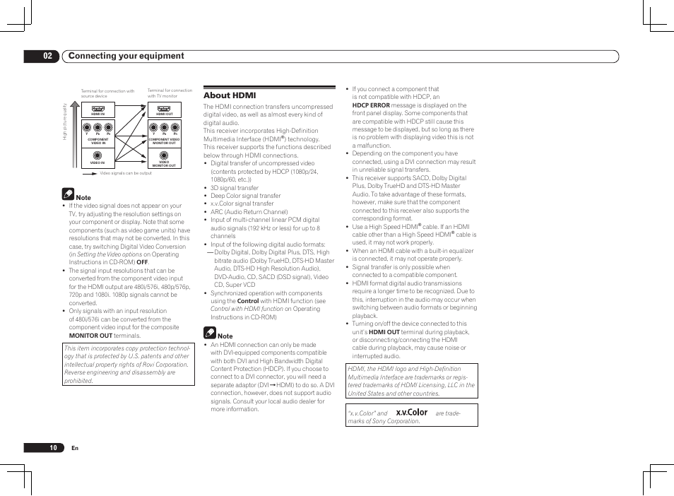 About hdmi, 02 connecting your equipment | Pioneer VSX-1021 User Manual | Page 10 / 156
