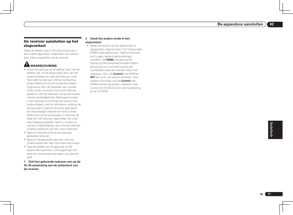 De receiver aansluiten op het stopcontact | Pioneer VSX-1021 User Manual | Page 103 / 156
