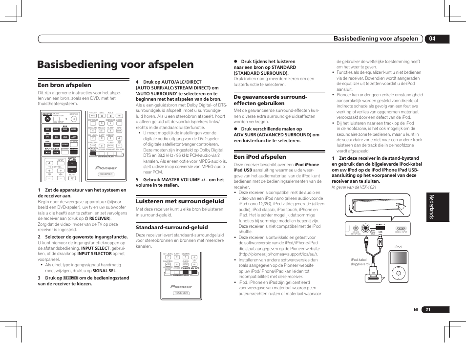 Basisbediening voor afspelen, Menu, 04 basisbediening voor afspelen | Een bron afspelen, Luisteren met surroundgeluid, Een ipod afspelen, Standaard-surround-geluid, De geavanceerde surround- effecten gebruiken, 2 selecteer de gewenste ingangsfunctie | Pioneer VSX-1021 User Manual | Page 107 / 156