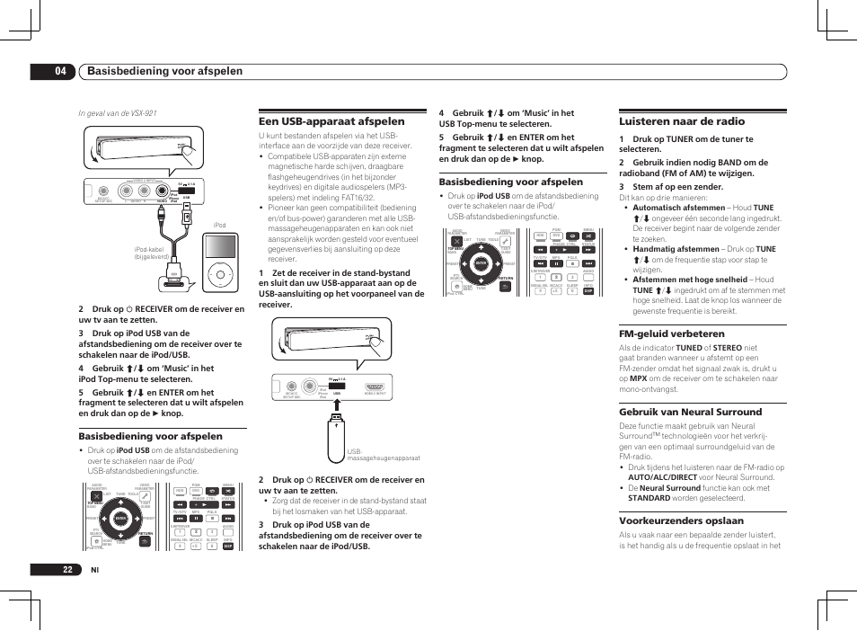 Een usb-apparaat afspelen luisteren naar de radio, Menu, 04 basisbediening voor afspelen | Luisteren naar de radio, Een usb-apparaat afspelen, Basisbediening voor afspelen, Fm-geluid verbeteren, Gebruik van neural surround, Voorkeurzenders opslaan | Pioneer VSX-1021 User Manual | Page 108 / 156