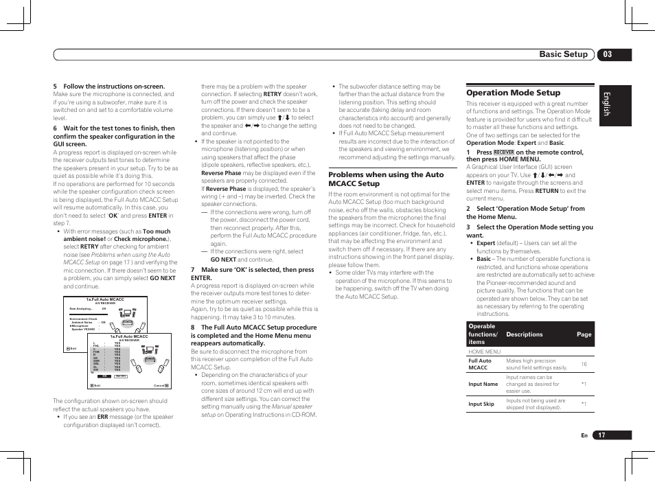 Operation mode setup, 03 basic setup, Problems when using the auto mcacc setup | Pioneer VSX-1021 User Manual | Page 17 / 156