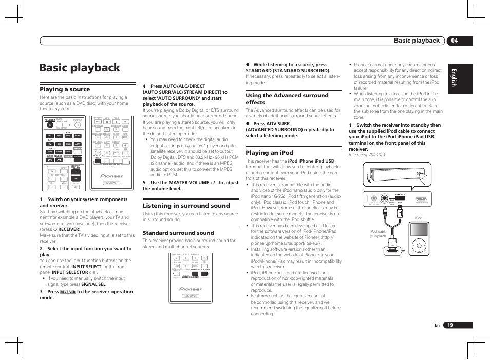 Basic playback, Menu, 04 basic playback | Playing a source, Listening in surround sound, Playing an ipod, Standard surround sound, Using the advanced surround effects, 1 switch on your system components and receiver, 2 select the input function you want to play | Pioneer VSX-1021 User Manual | Page 19 / 156