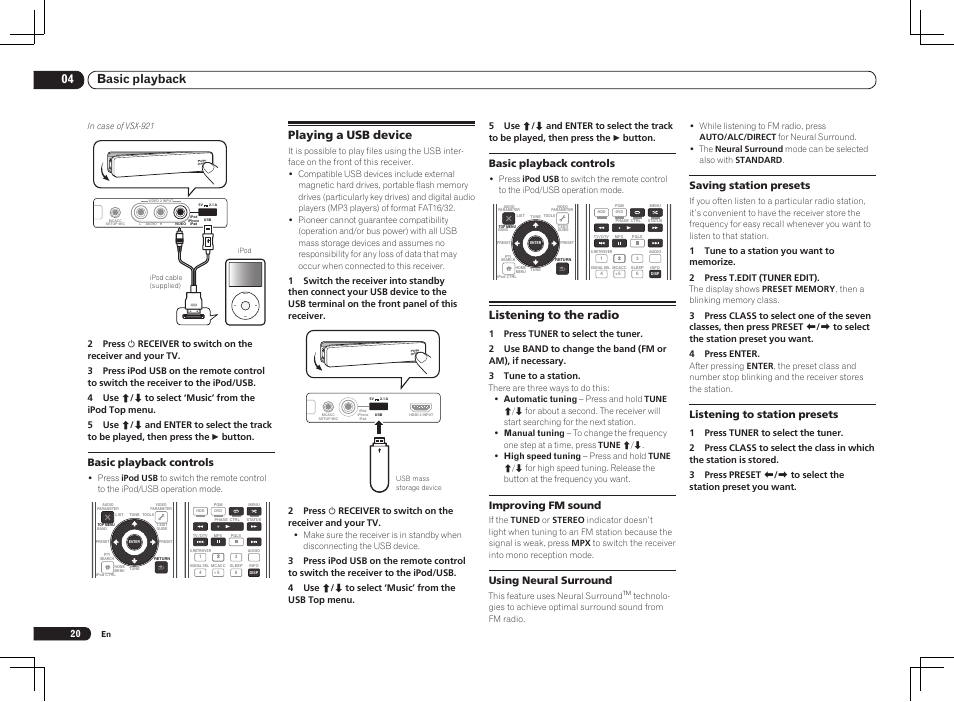 Playing a usb device listening to the radio, Menu, 04 basic playback | Listening to the radio, Playing a usb device, Basic playback controls, Improving fm sound, Using neural surround, Saving station presets, Listening to station presets | Pioneer VSX-1021 User Manual | Page 20 / 156