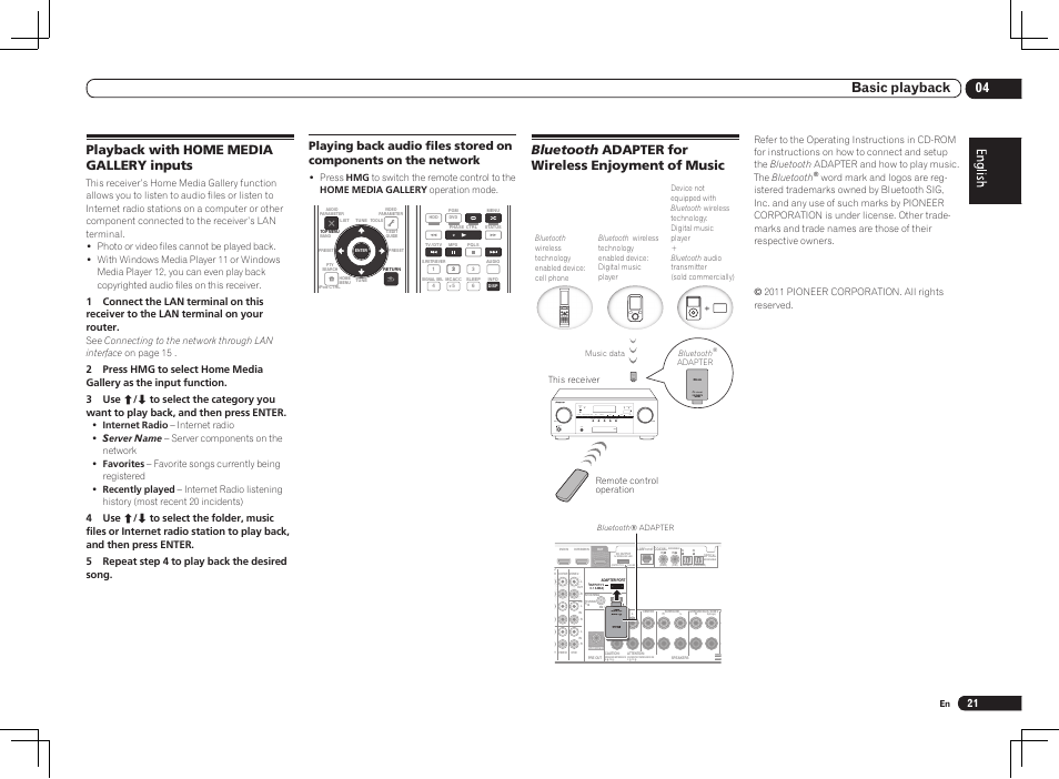 04 basic playback, Playback with home media gallery inputs, Bluetooth adapter for wireless enjoyment of music | Pioneer VSX-1021 User Manual | Page 21 / 156