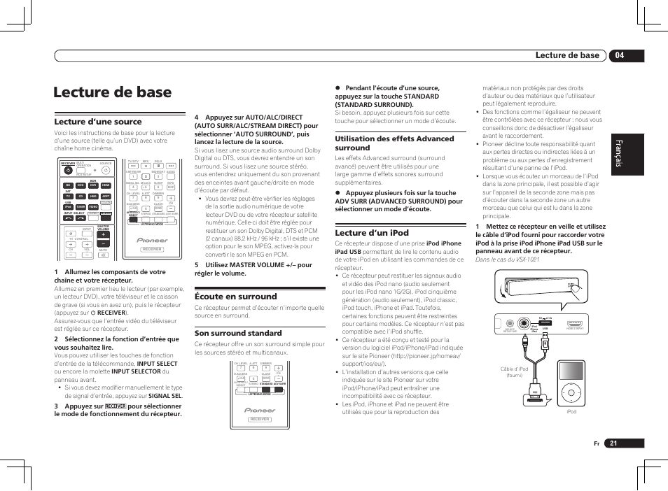 Lecture de base, Menu, 04 lecture de base | Lecture d’une source, Écoute en surround, Lecture d’un ipod, Son surround standard, Utilisation des effets advanced surround, 5 utilisez master volume +/– pour régler le volume | Pioneer VSX-1021 User Manual | Page 41 / 156