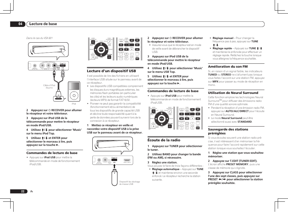 Lecture d’un dispositif usb écoute de la radio, Menu, 04 lecture de base | Écoute de la radio, Lecture d’un dispositif usb, Commandes de lecture de base, Amélioration du son fm, Utilisation de neural surround, Sauvegarde des stations préréglées | Pioneer VSX-1021 User Manual | Page 42 / 156