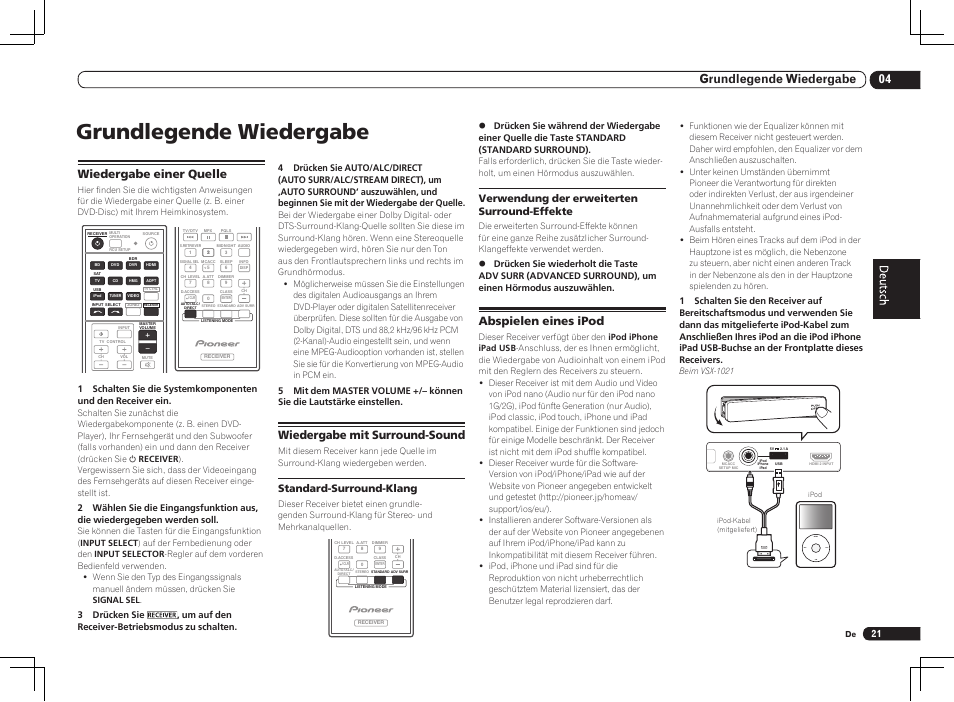 Grundlegende wiedergabe, Menu, 04 grundlegende wiedergabe | Wiedergabe einer quelle, Wiedergabe mit surround-sound, Abspielen eines ipod, Standard-surround-klang, Verwendung der erweiterten surround-effekte | Pioneer VSX-1021 User Manual | Page 63 / 156