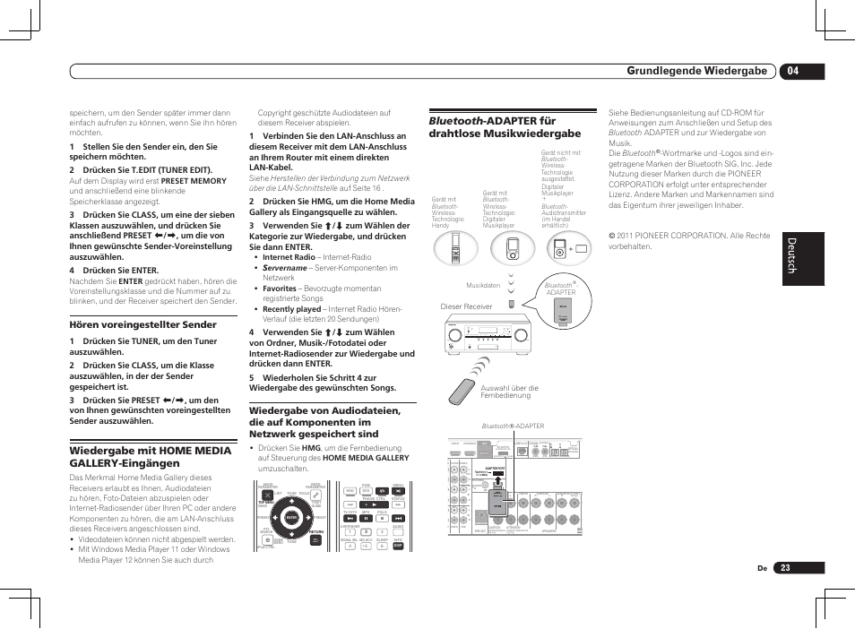 04 grundlegende wiedergabe, Wiedergabe mit home media gallery-eingängen, Bluetooth -adapter für drahtlose musikwiedergabe | Hören voreingestellter sender | Pioneer VSX-1021 User Manual | Page 65 / 156