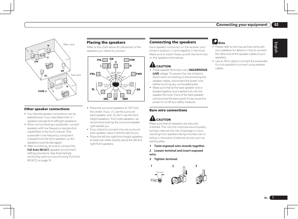 Placing the speakers connecting the speakers, 02 connecting your equipment | Pioneer VSX-1021 User Manual | Page 7 / 156