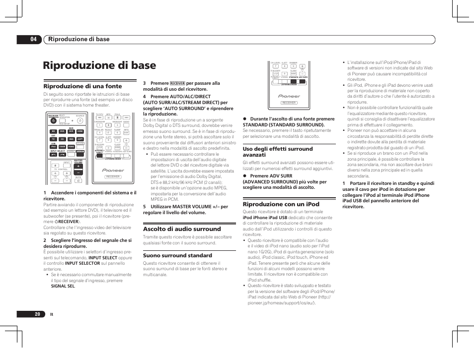 Riproduzione di base, 04 riproduzione di base, Riproduzione con un ipod | Riproduzione di una fonte, Ascolto di audio surround, Uso degli effetti surround avanzati, Suono surround standard | Pioneer VSX-1021 User Manual | Page 84 / 156