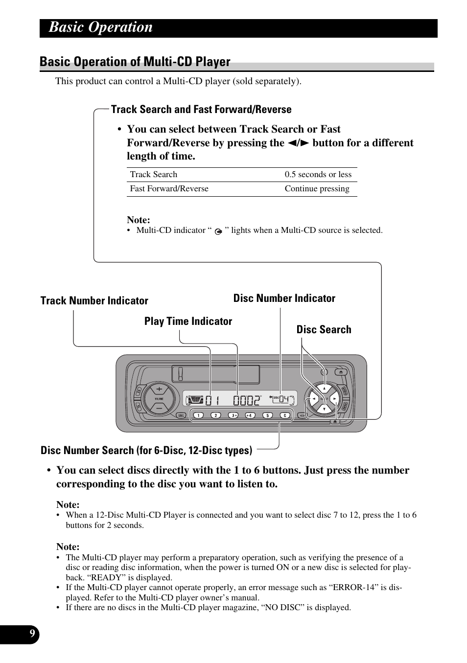 Basic operation of multi-cd player, Track search and fast forward/reverse, Disc search | Disc number search (for 6-disc, 12-disc types), Basic operation | Pioneer KEH-P4010R User Manual | Page 10 / 100