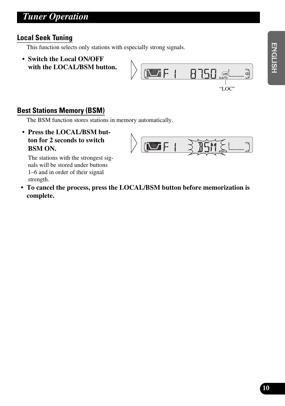 Tuner operation, Local seek tuning, Best stations memory (bsm) | Pioneer KEH-P4010R User Manual | Page 11 / 100
