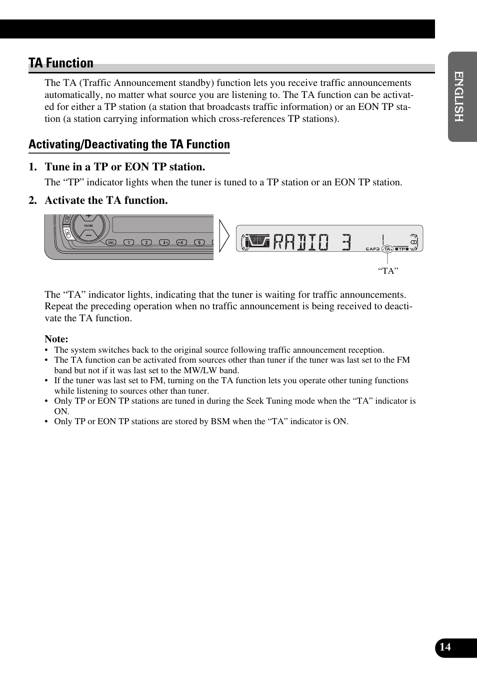 Ta function, Activating/deactivating the ta function | Pioneer KEH-P4010R User Manual | Page 15 / 100