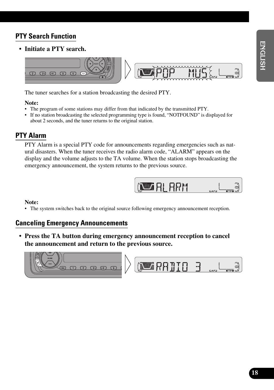Pty search function, Pty alarm, Canceling emergency announcements | Pioneer KEH-P4010R User Manual | Page 19 / 100