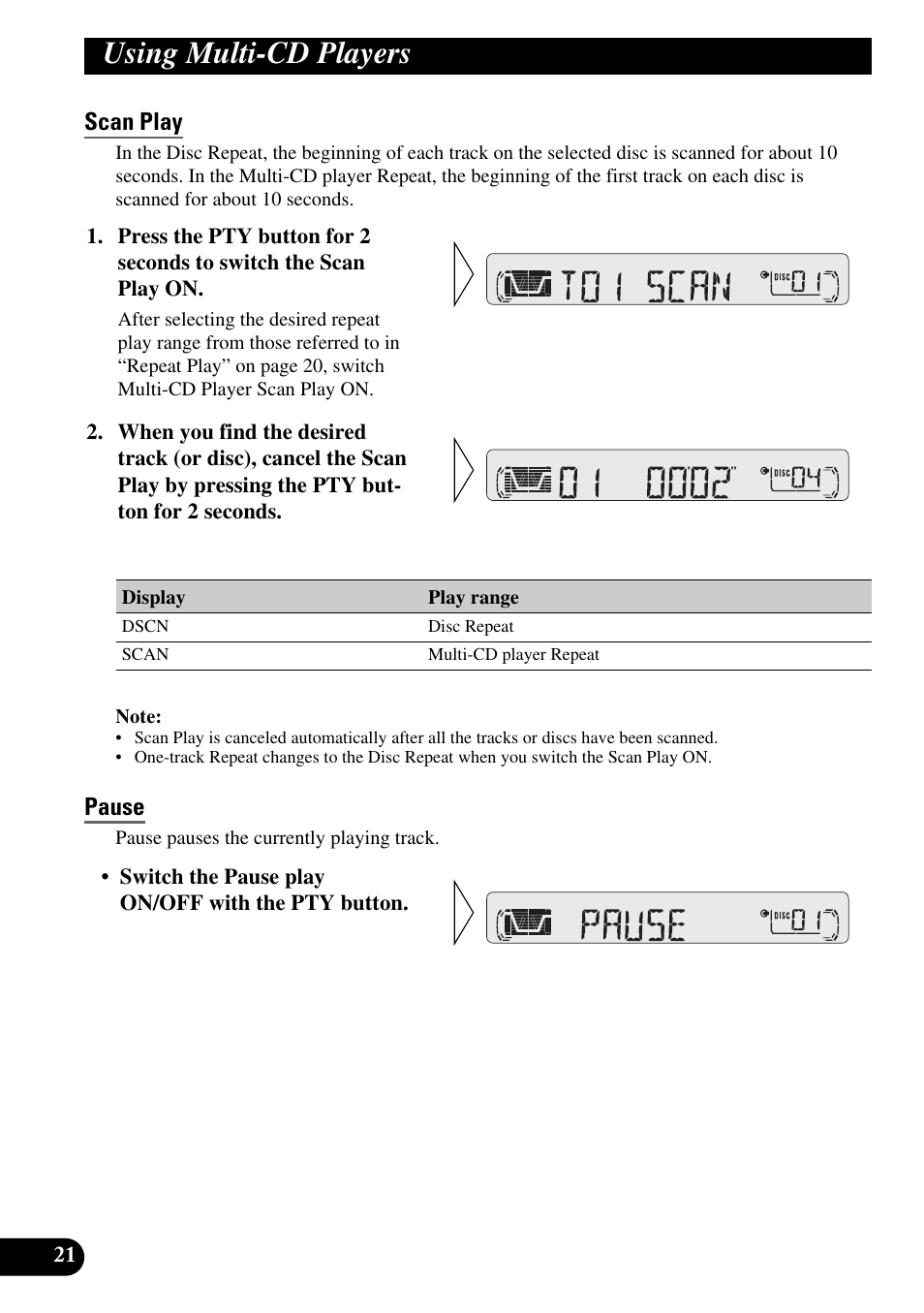 Scan play, Pause, Using multi-cd players | Pioneer KEH-P4010R User Manual | Page 22 / 100