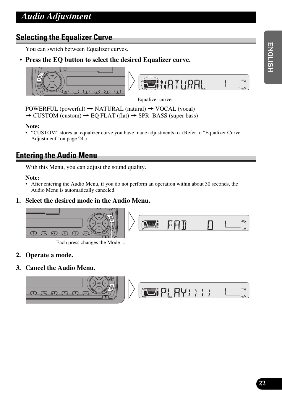 Audio adjustment, Selecting the equalizer curve, Entering the audio menu | Pioneer KEH-P4010R User Manual | Page 23 / 100