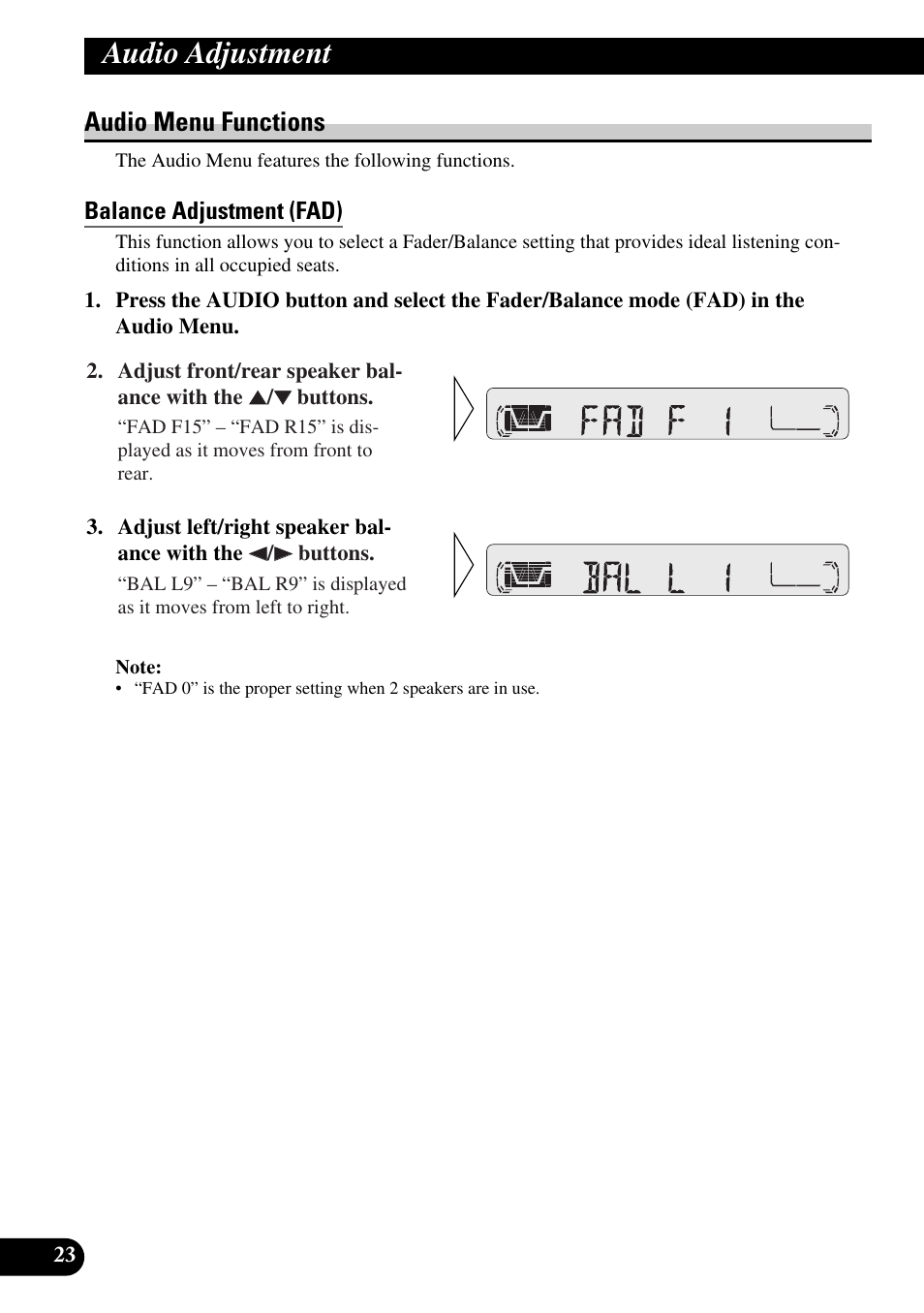 Audio menu functions, Balance adjustment (fad), Audio adjustment | Pioneer KEH-P4010R User Manual | Page 24 / 100