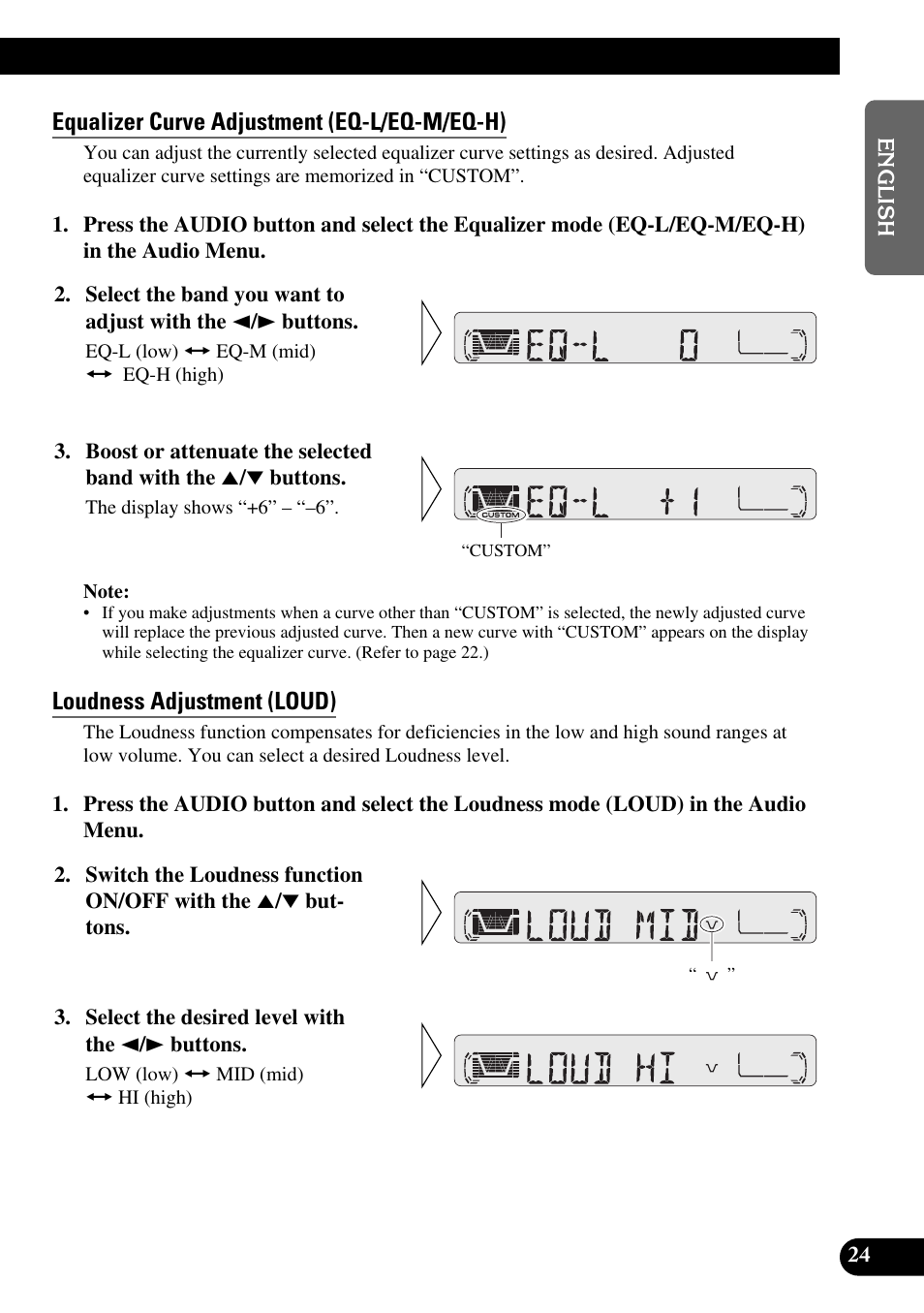 Equalizer curve adjustment (eq-l/eq-m/eq-h), Loudness adjustment (loud) | Pioneer KEH-P4010R User Manual | Page 25 / 100