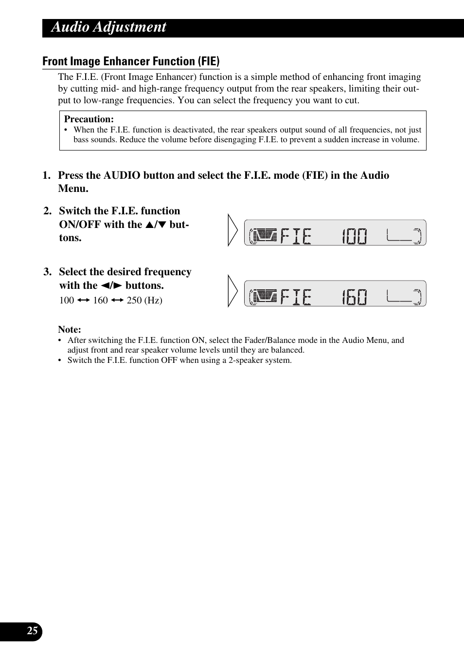 Front image enhancer function (fie), Audio adjustment | Pioneer KEH-P4010R User Manual | Page 26 / 100