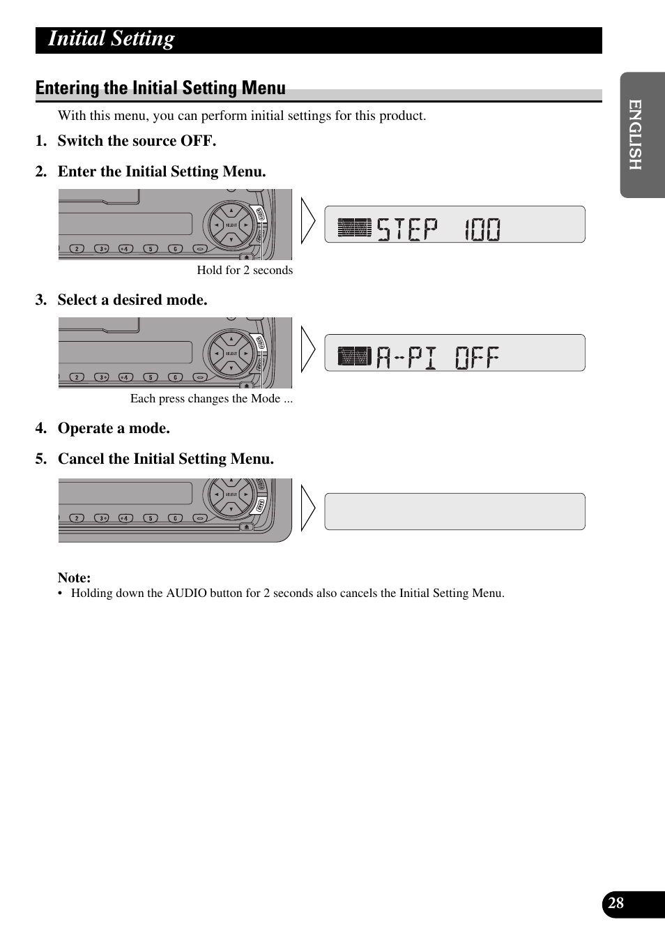 Initial setting, Entering the initial setting menu | Pioneer KEH-P4010R User Manual | Page 29 / 100