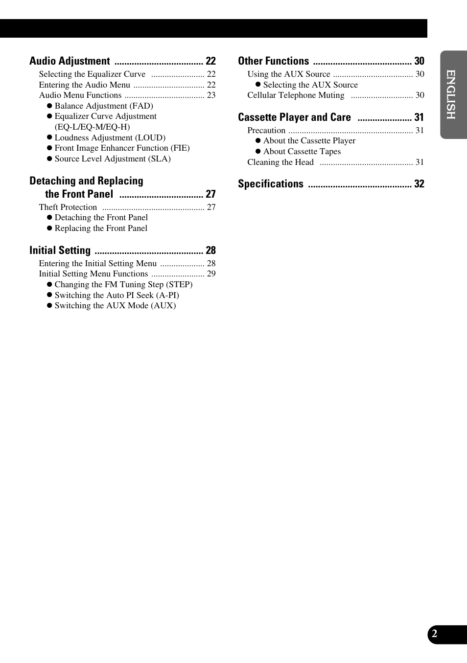 Audio adjustment, Detaching and replacing the front panel, Initial setting | Other functions, Cassette player and care | Pioneer KEH-P4010R User Manual | Page 3 / 100