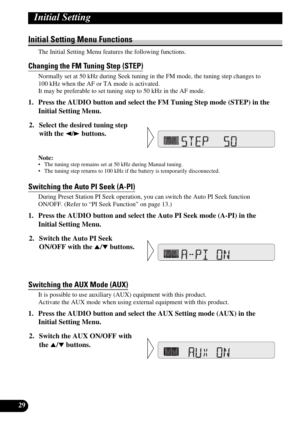 Initial setting menu functions, Changing the fm tuning step (step), Switching the auto pi seek (a-pi) | Switching the aux mode (aux), Initial setting | Pioneer KEH-P4010R User Manual | Page 30 / 100