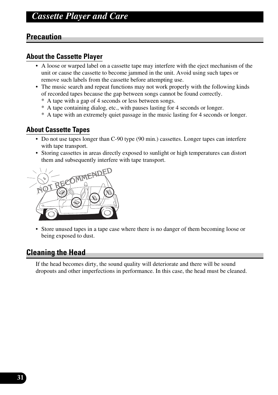 Cassette player and care, Precaution, About the cassette player | About cassette tapes, Cleaning the head | Pioneer KEH-P4010R User Manual | Page 32 / 100