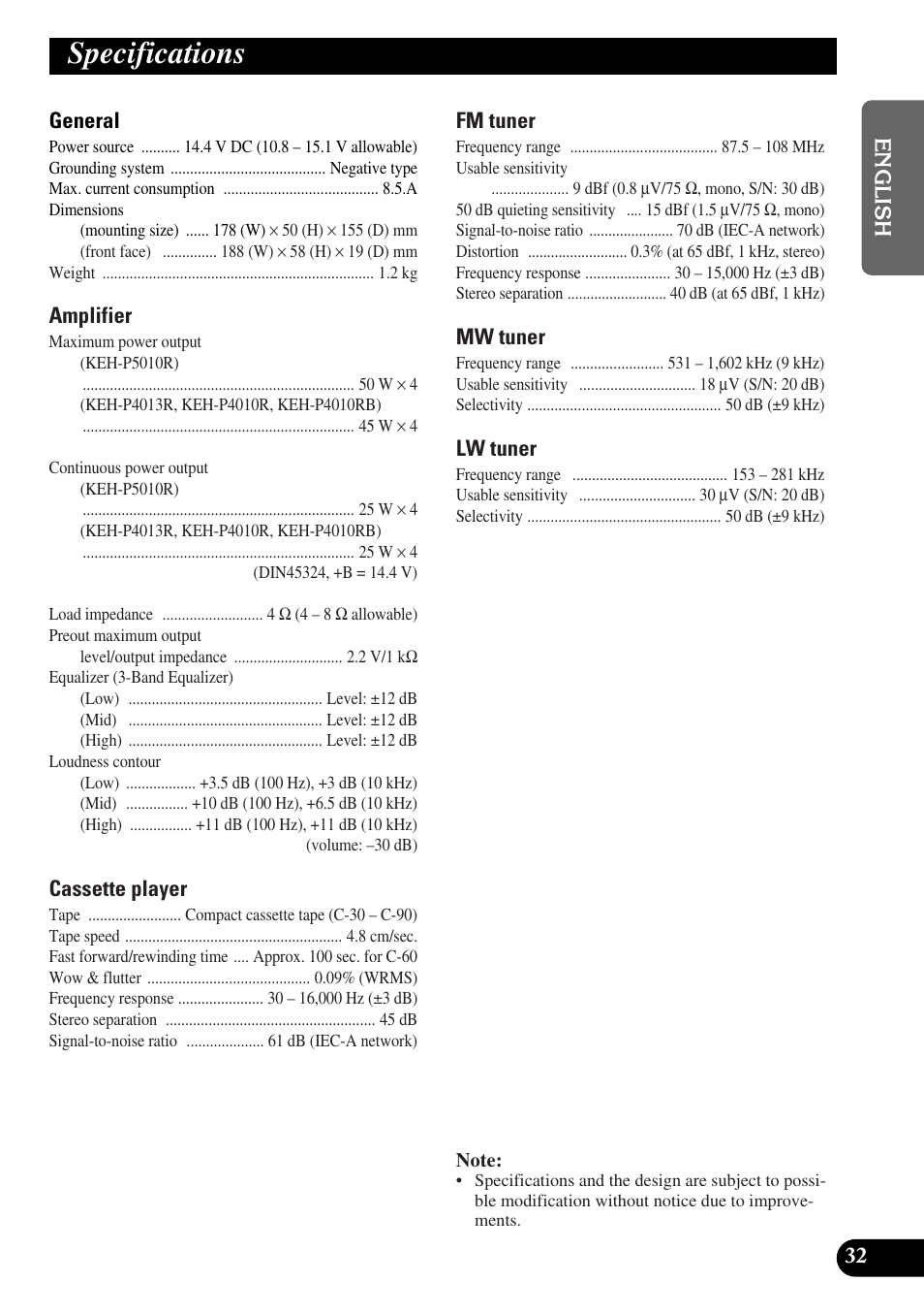 Specifications | Pioneer KEH-P4010R User Manual | Page 33 / 100