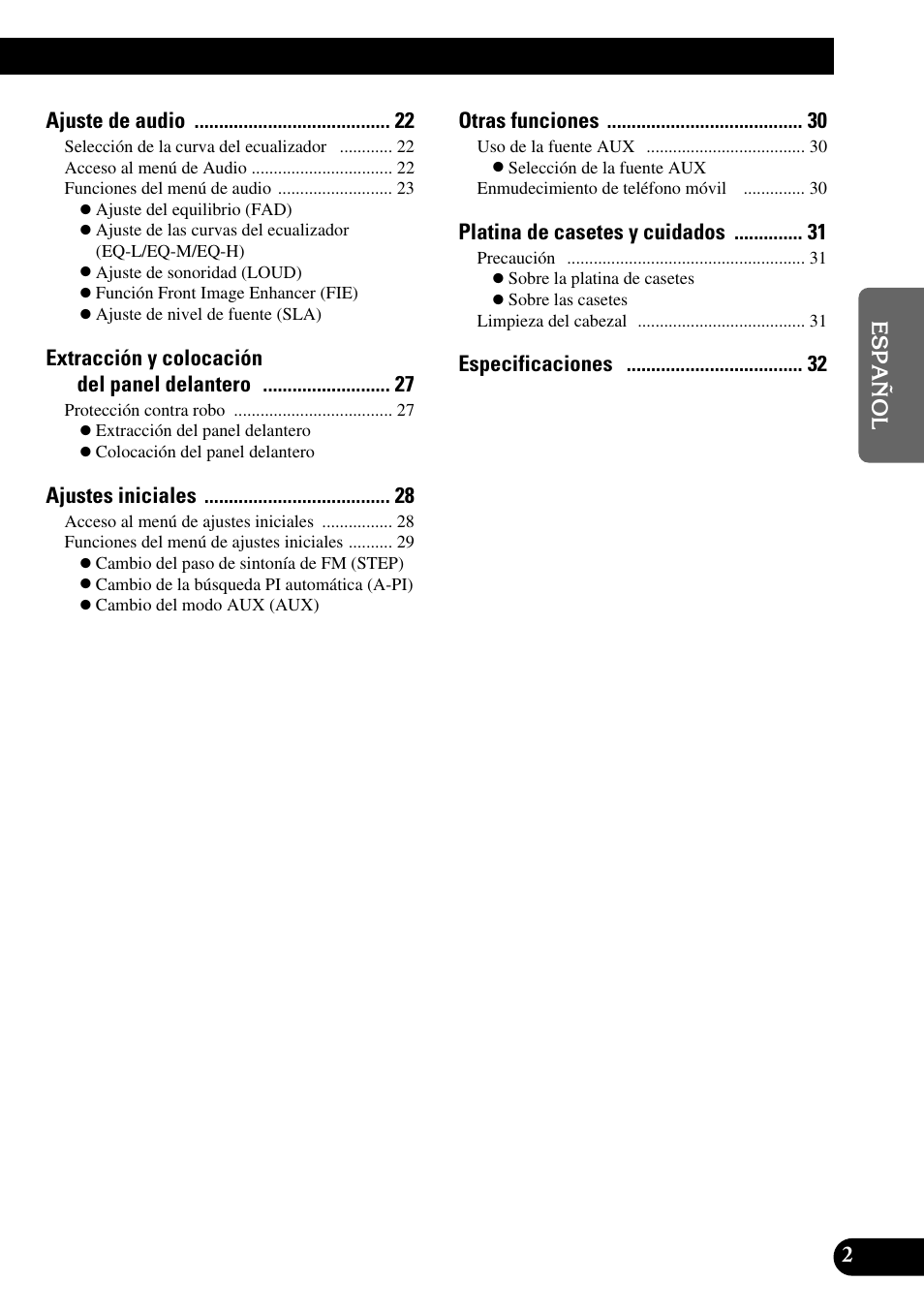 Ajuste de audio, Extracción y colocación del panel delantero, Ajustes iniciales | Otras funciones, Platina de casetes y cuidados | Pioneer KEH-P4010R User Manual | Page 35 / 100